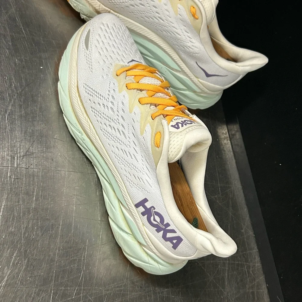 Hoka Women's White Sneakers with Yellow Laces and Purple Logo - Picture 2 of 11